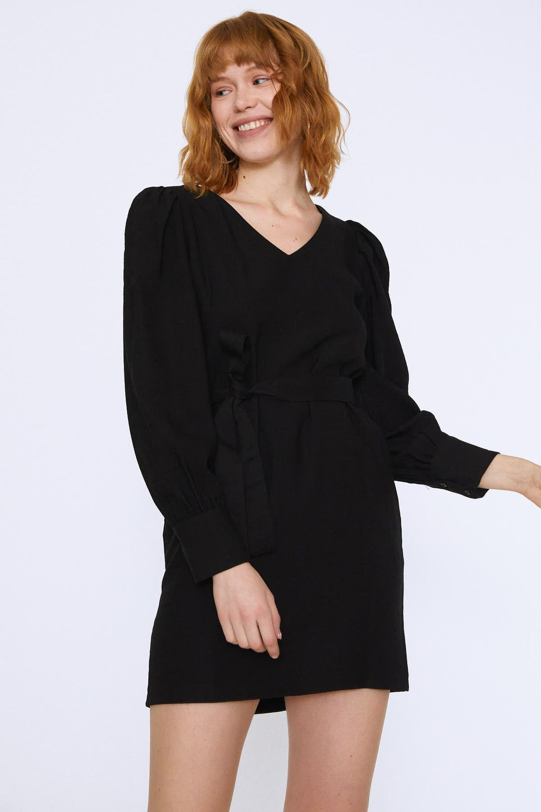 Waist Belted V-Neck Dress Black