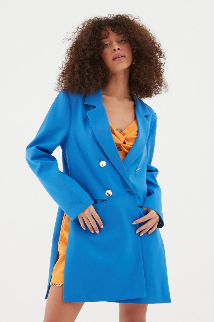 Yanı Yırtmaçlı Uzun Blazer Ceket Sax