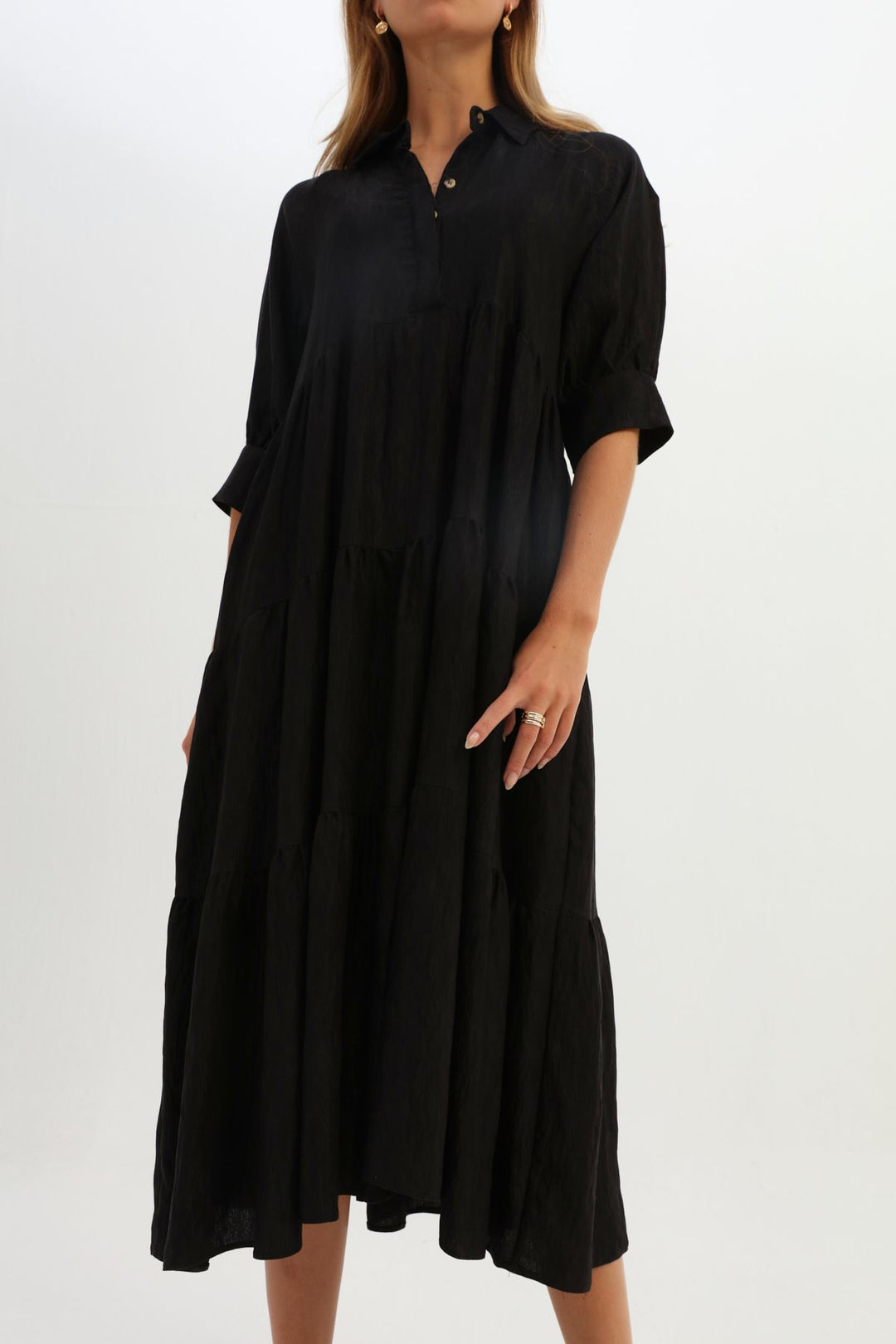Shirt Collar Raglan Sleeve Dress Black