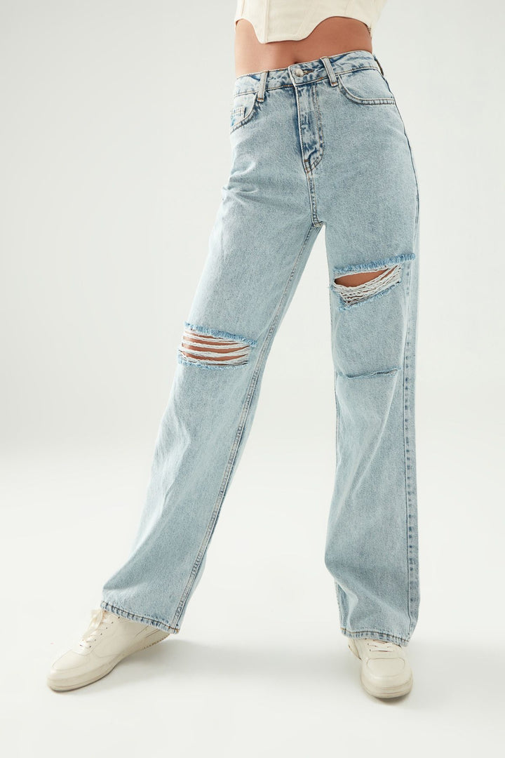 Yırtık Detaylı Bol Paça Kot Pantolon Buz Mavi