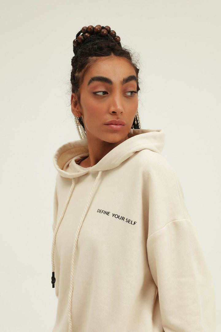 Baskılı Kapüşonlu Sweatshirt Bej
