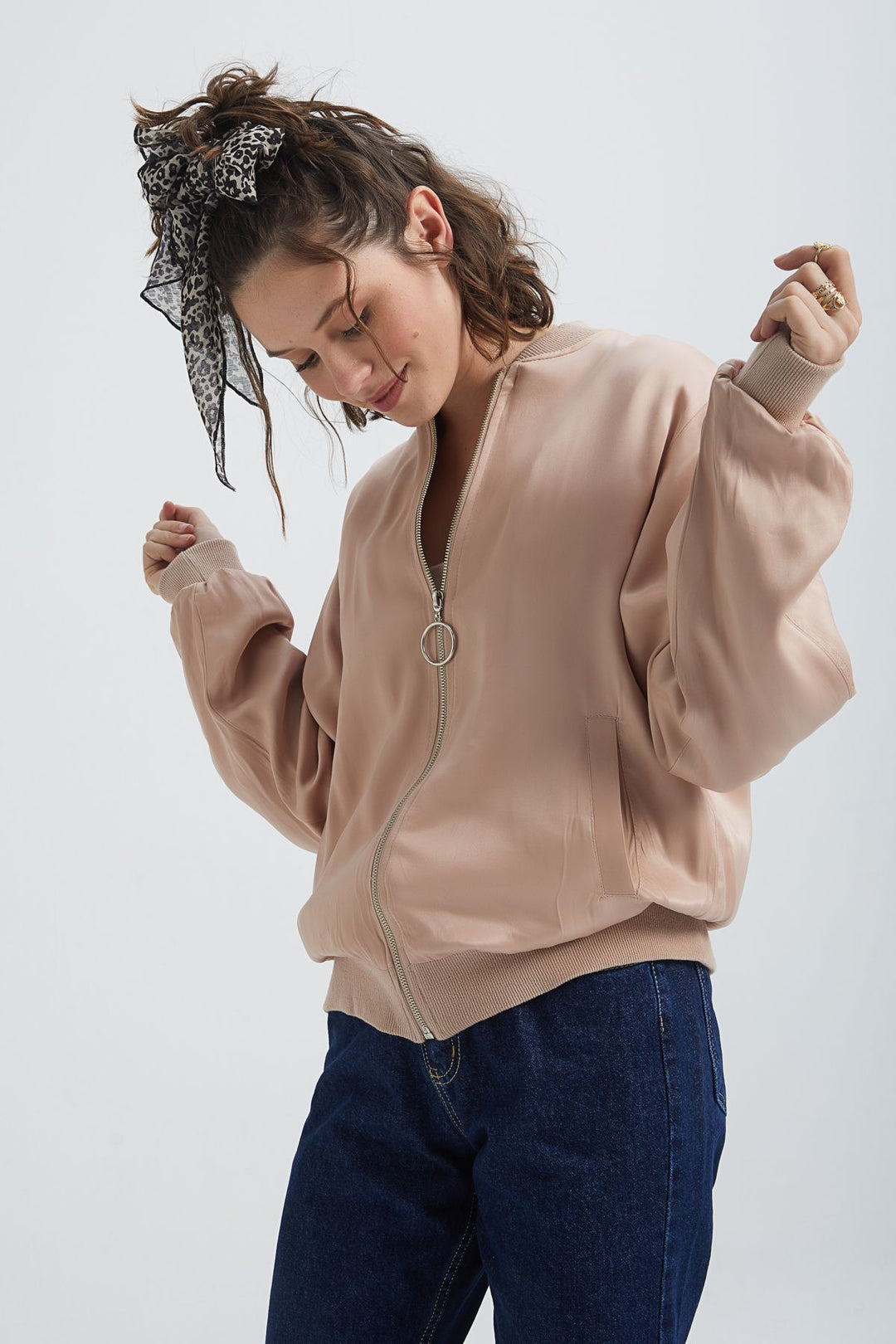 Stripe Detailed Bomber Jacket Powder