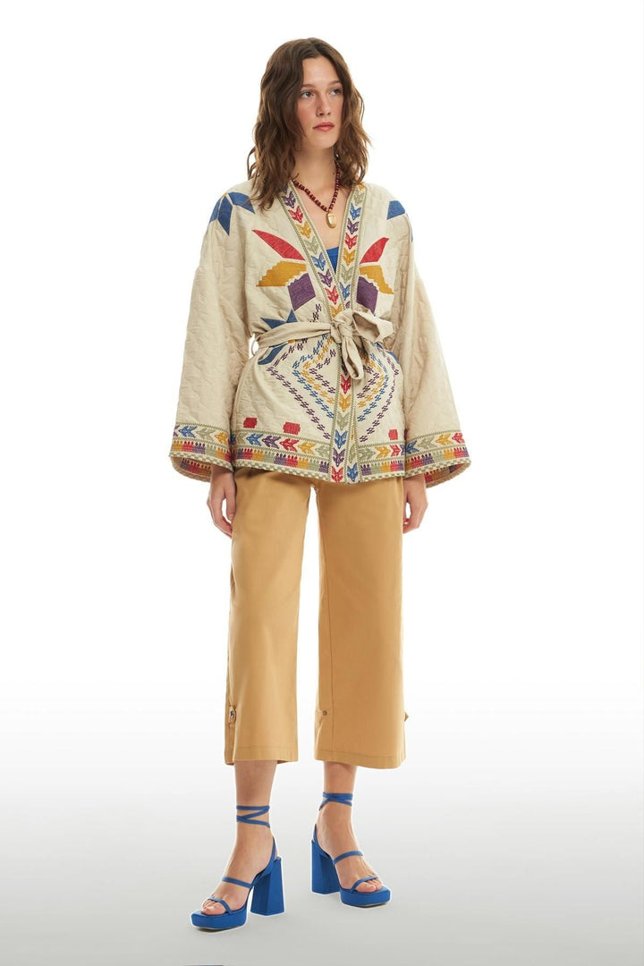 Desenli Kimono Ceket Taş