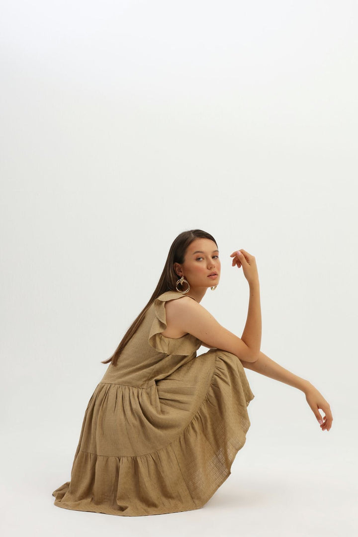 Frilly V Neck Linen Dress Camel