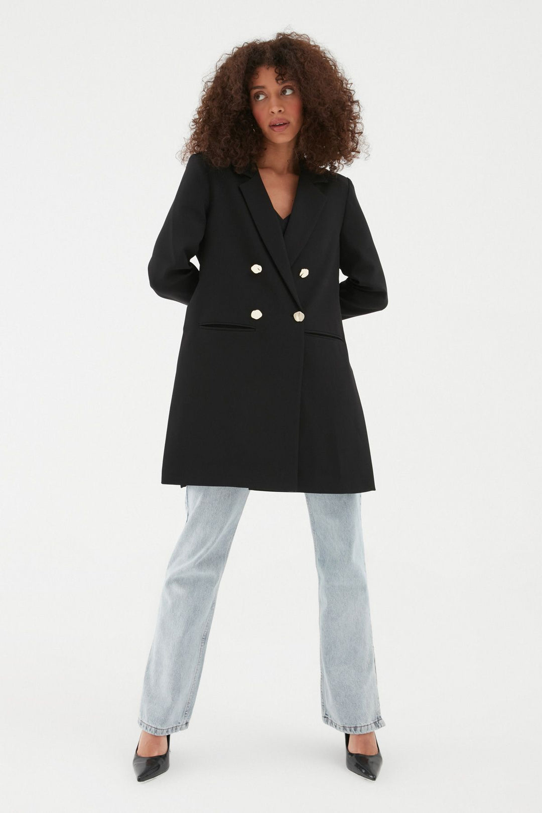 Yanı Yırtmaçlı Uzun Blazer Ceket Siyah