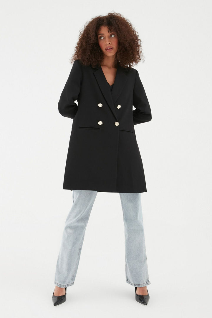 Yanı Yırtmaçlı Uzun Blazer Ceket Siyah