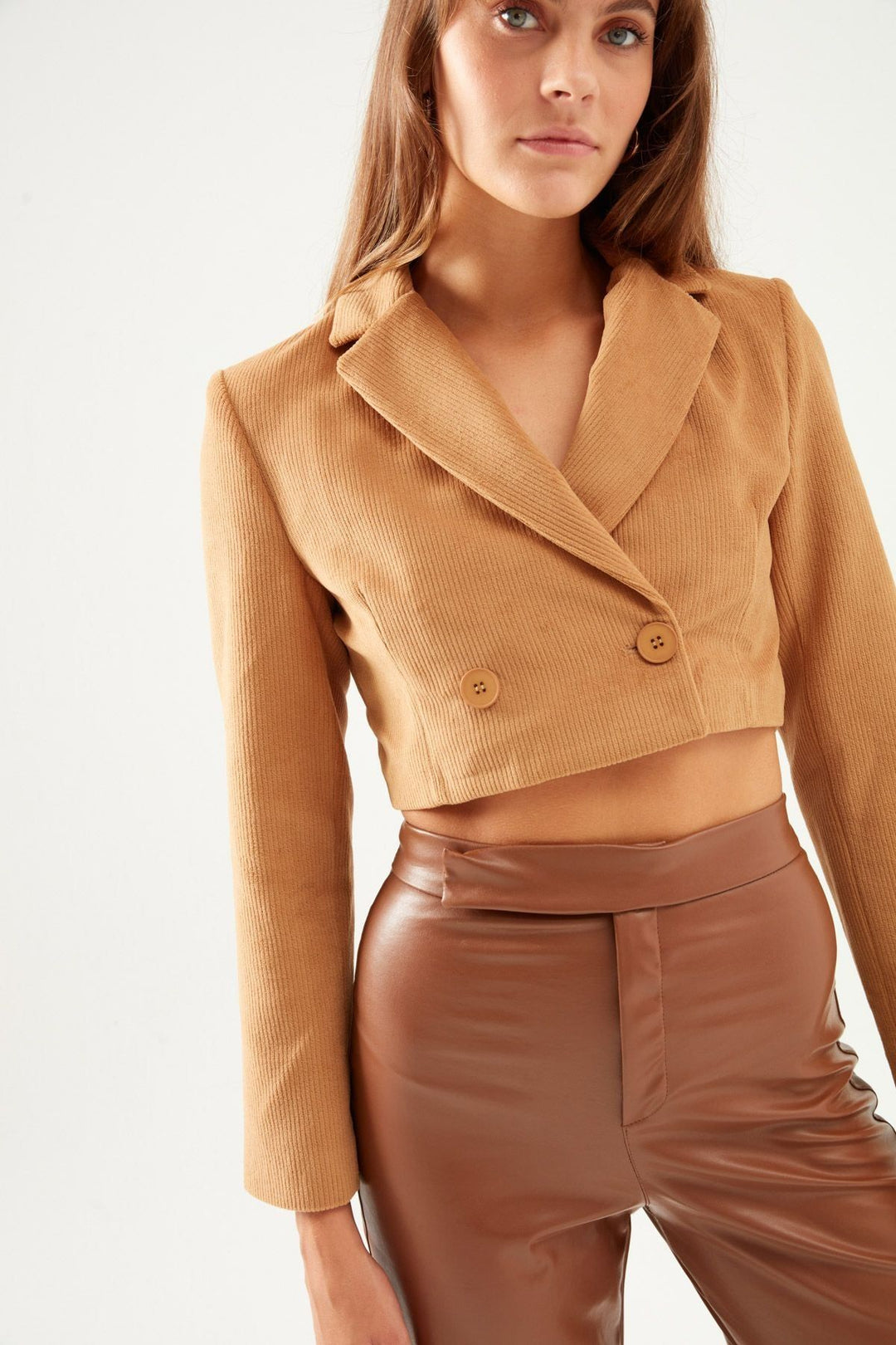 Velvet Crop Blazer Jacket Camel