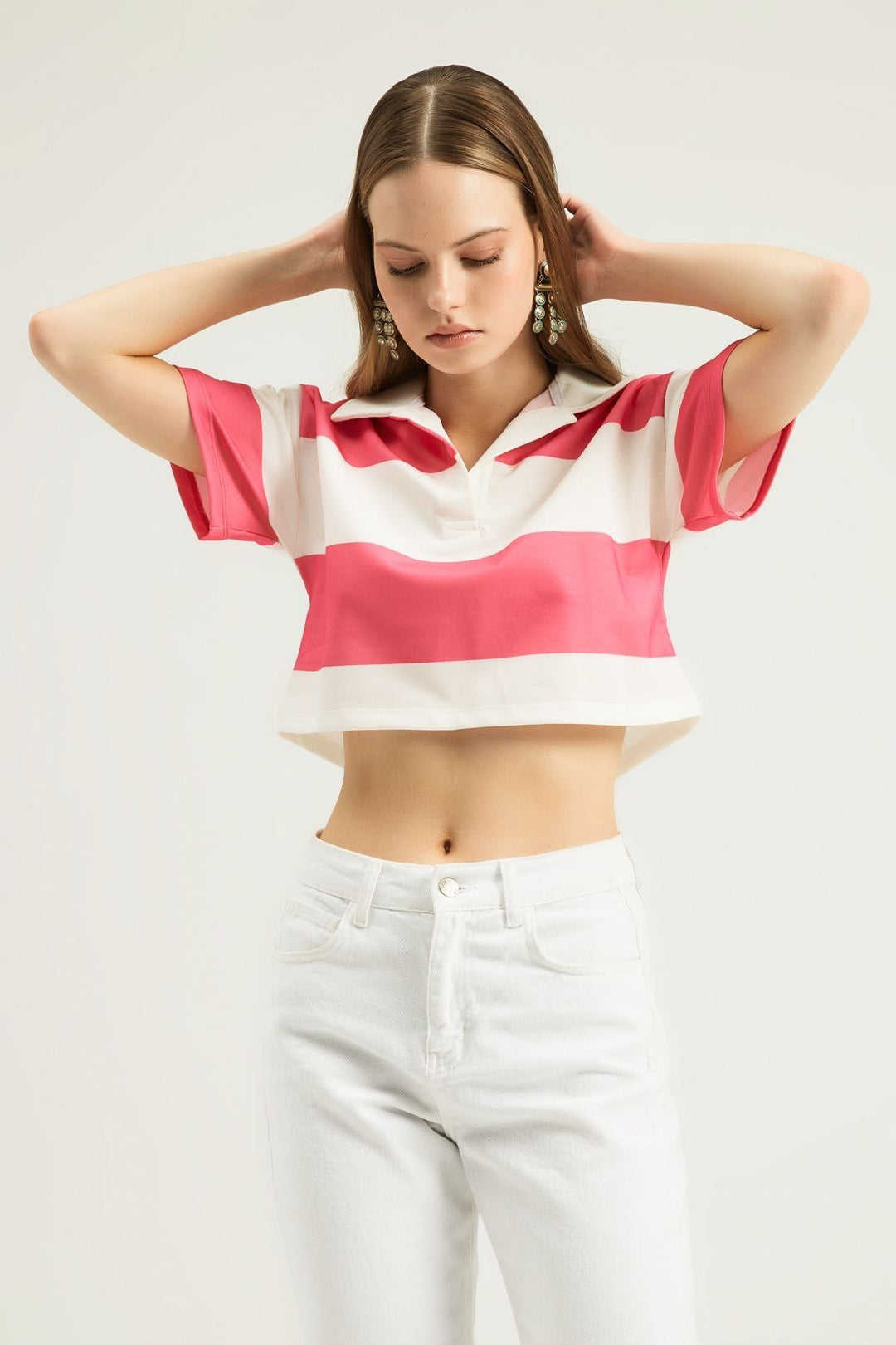 Polo Neck Striped Crop Blouse Candy Pink