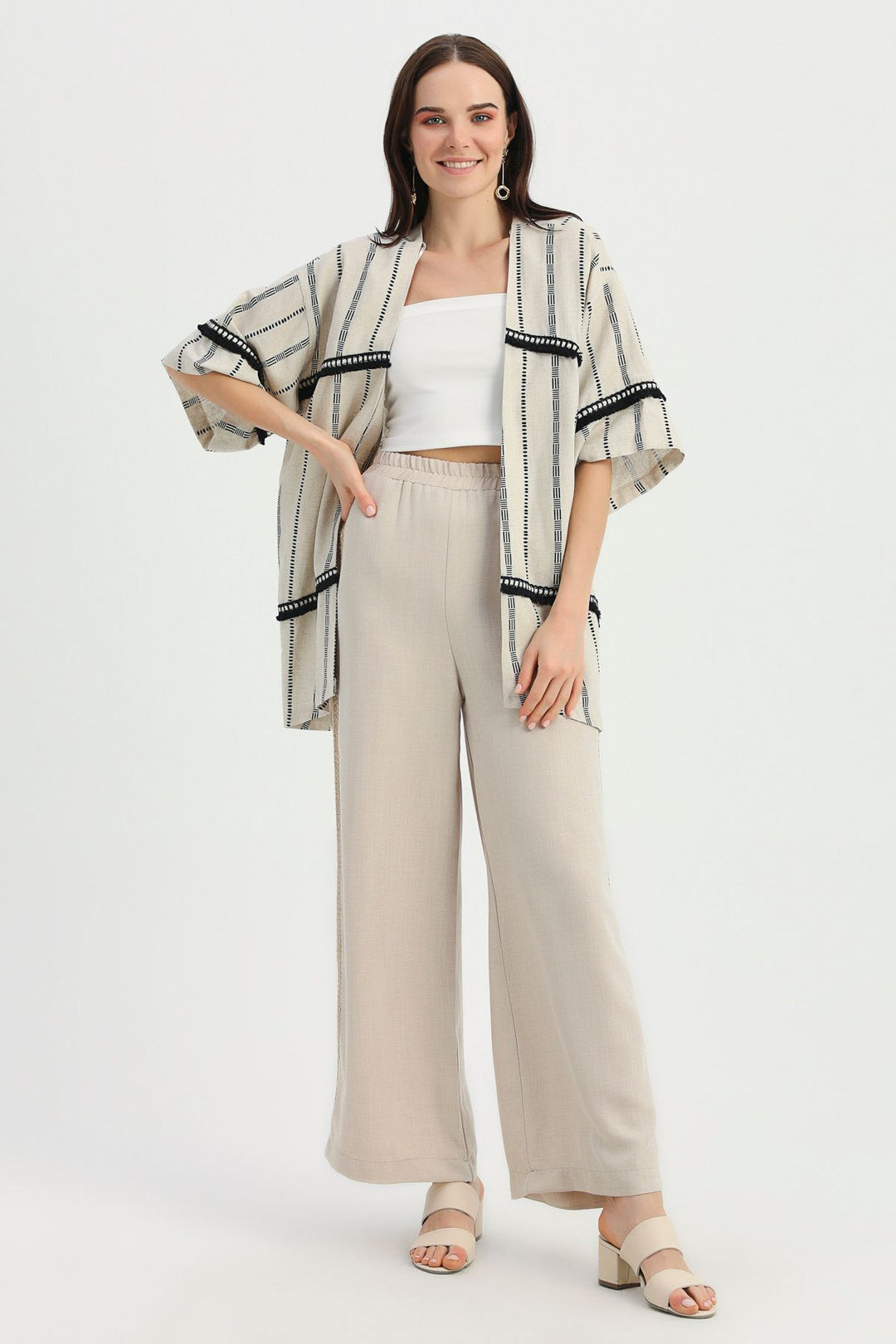 Desenli Şerit Detaylı Keten Kimono Naturel