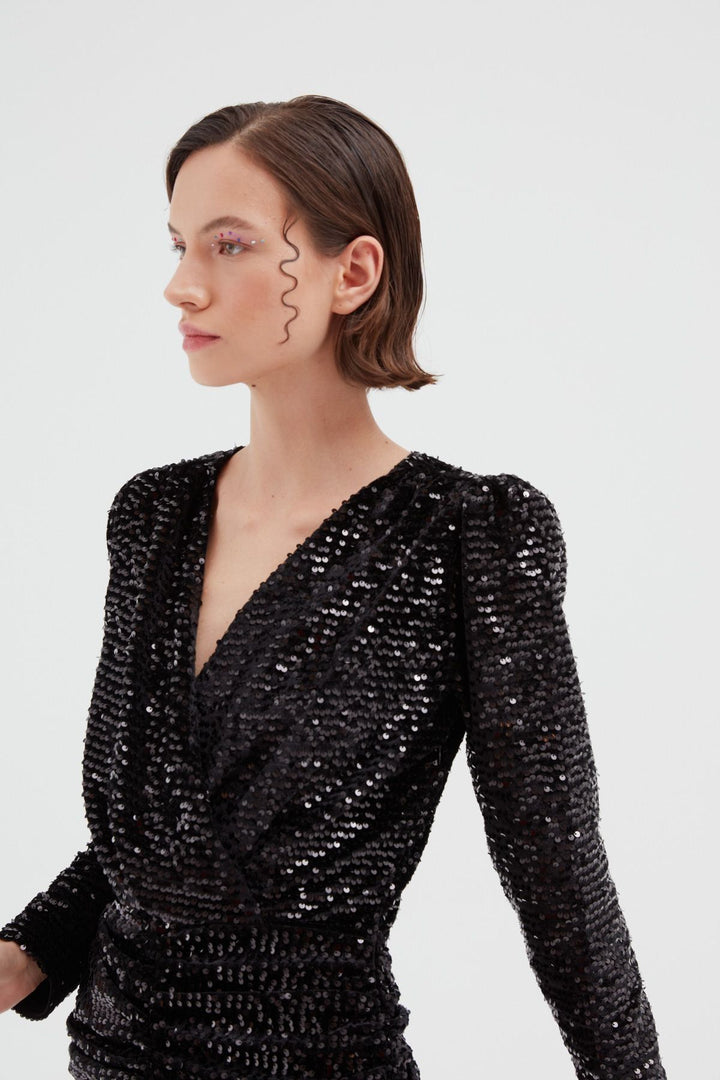 Payetli Kruvaze Mini Elbise Siyah