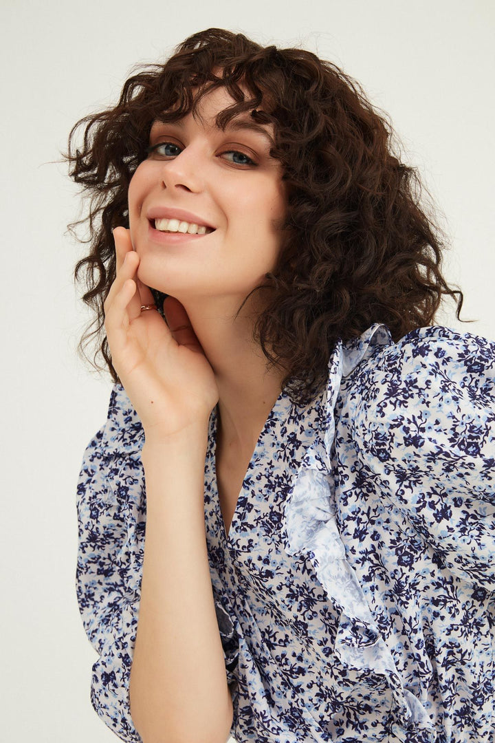 Çiçekli Kruvaze Crop Bluz Mor