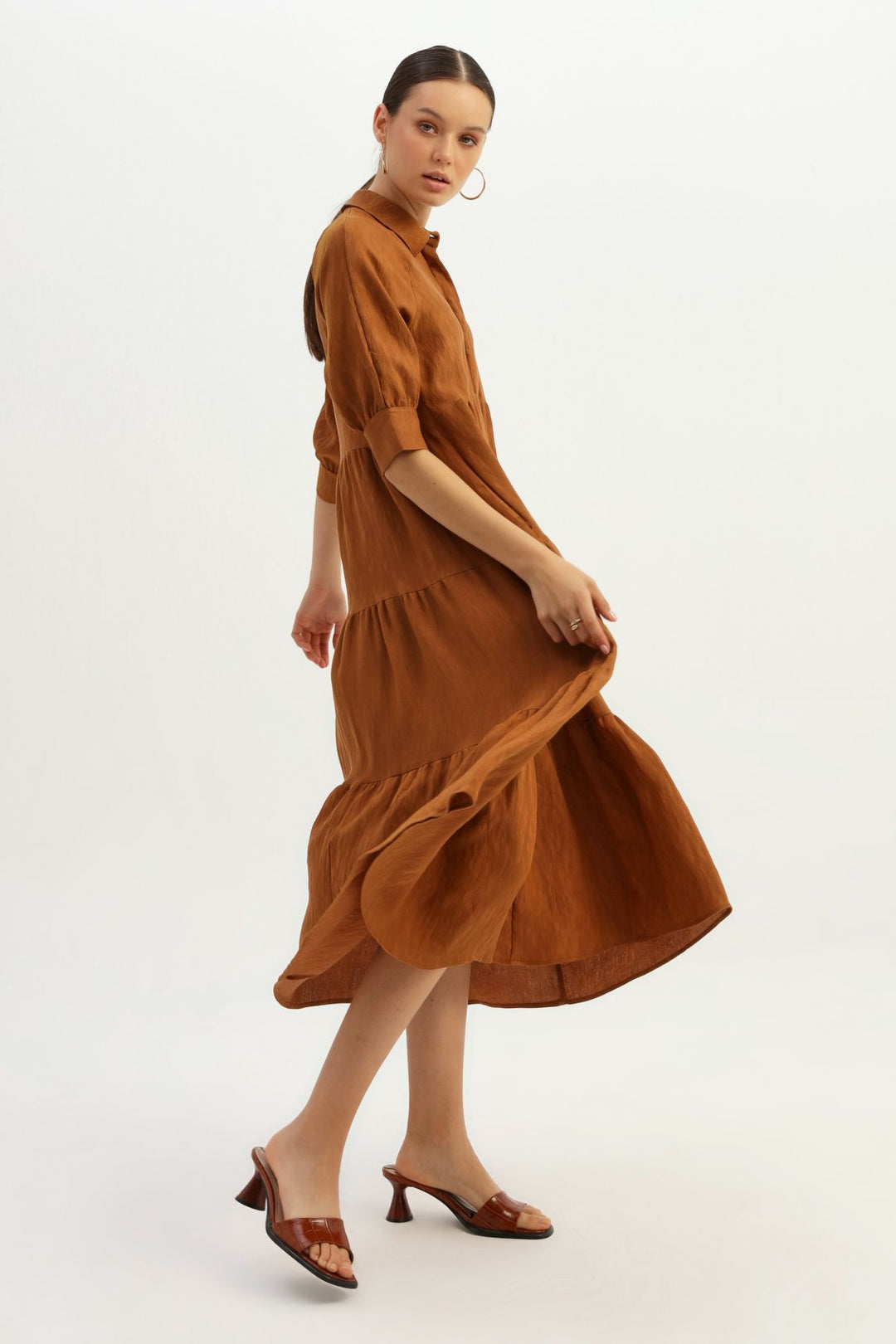 Shirt Collar Raglan Sleeve Dress Brown