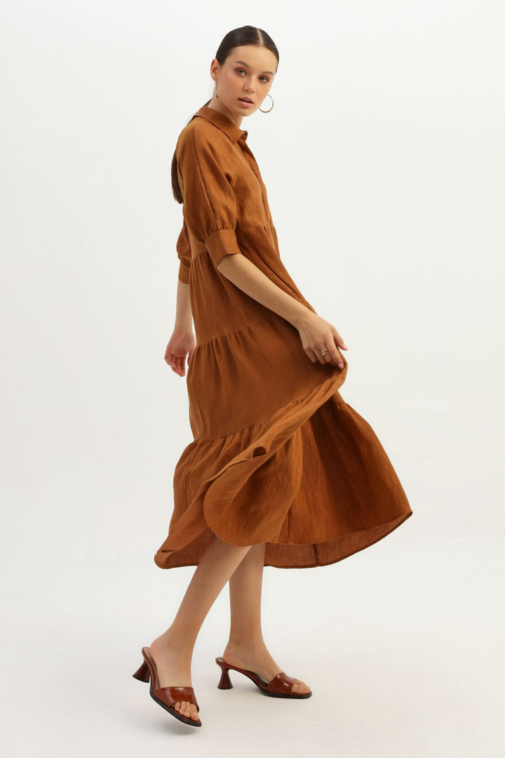 Shirt Collar Raglan Sleeve Dress Brown