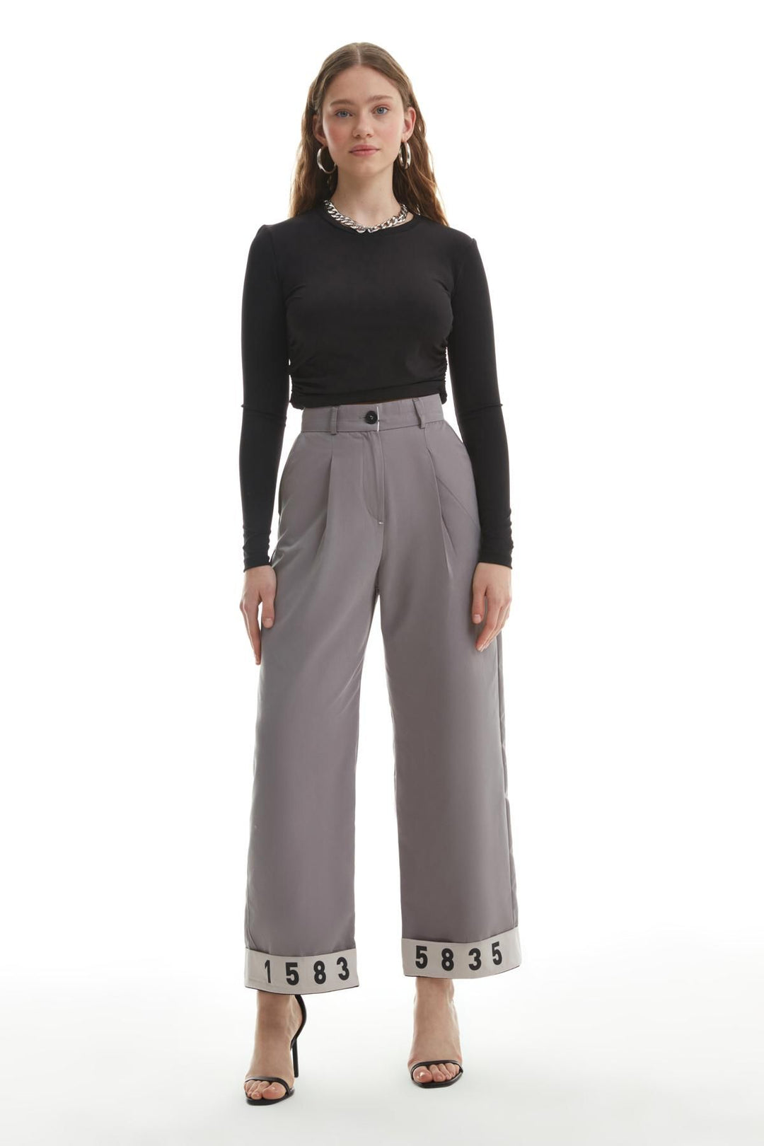 Paçası Baskılı Kanvas Pantolon Gri