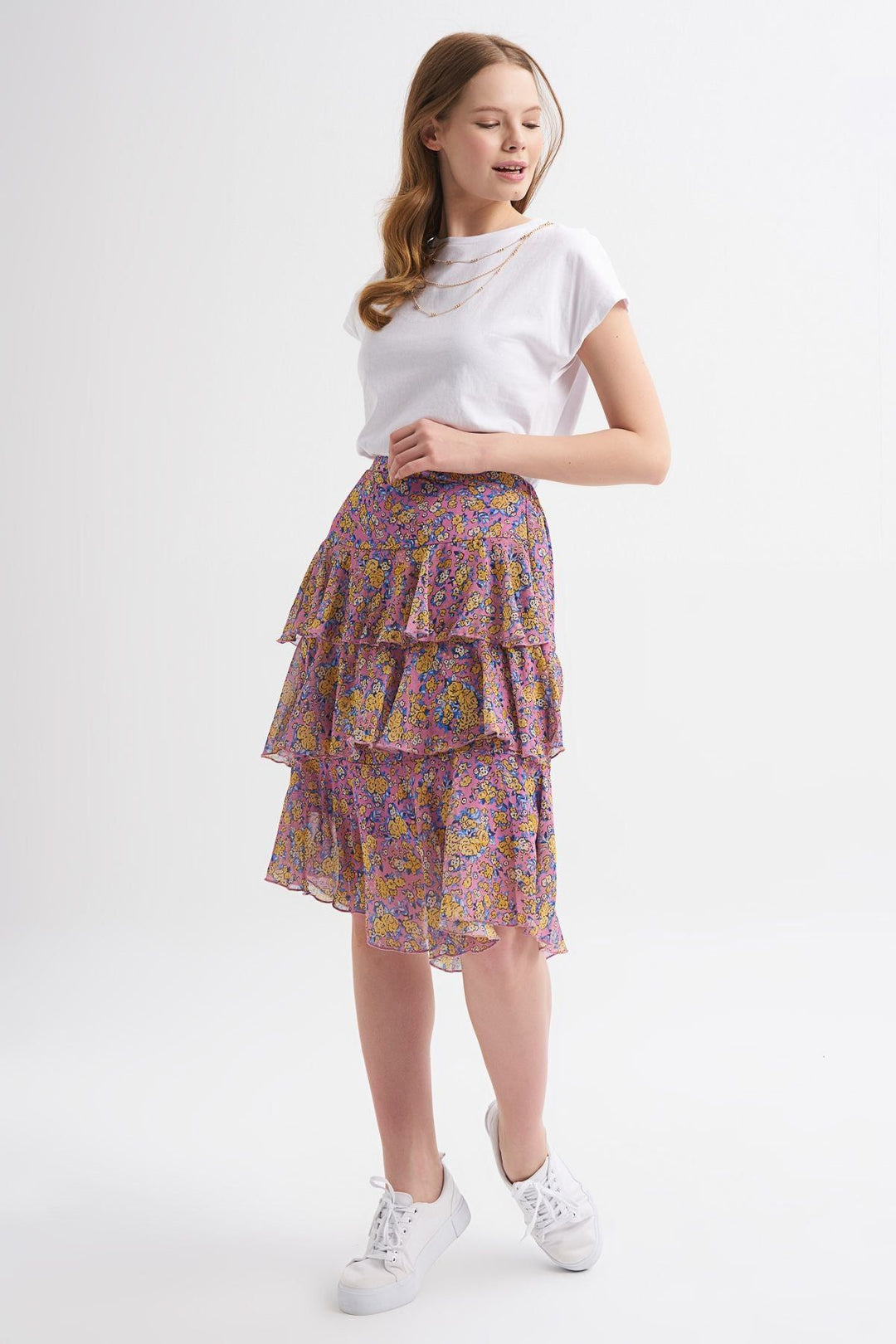 Patterned Tiered Midi Skirt Lilac