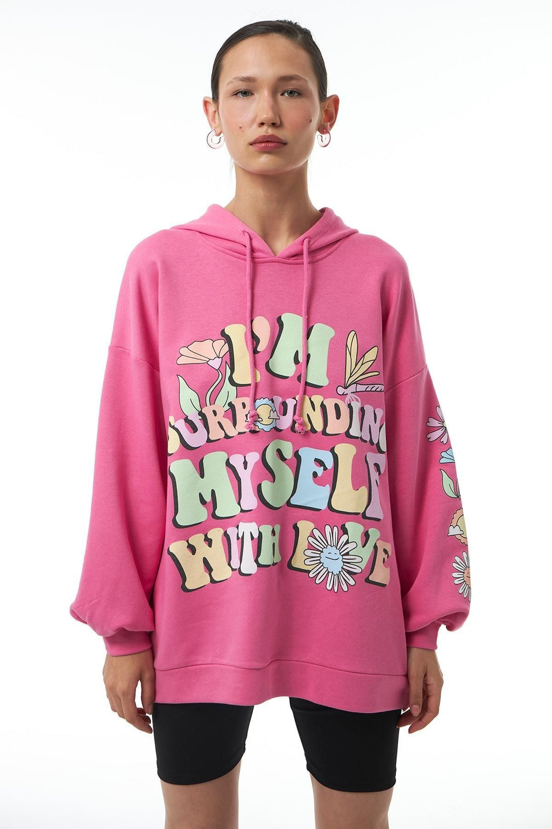 Yazı Baskılı Sweatshirt Pembe
