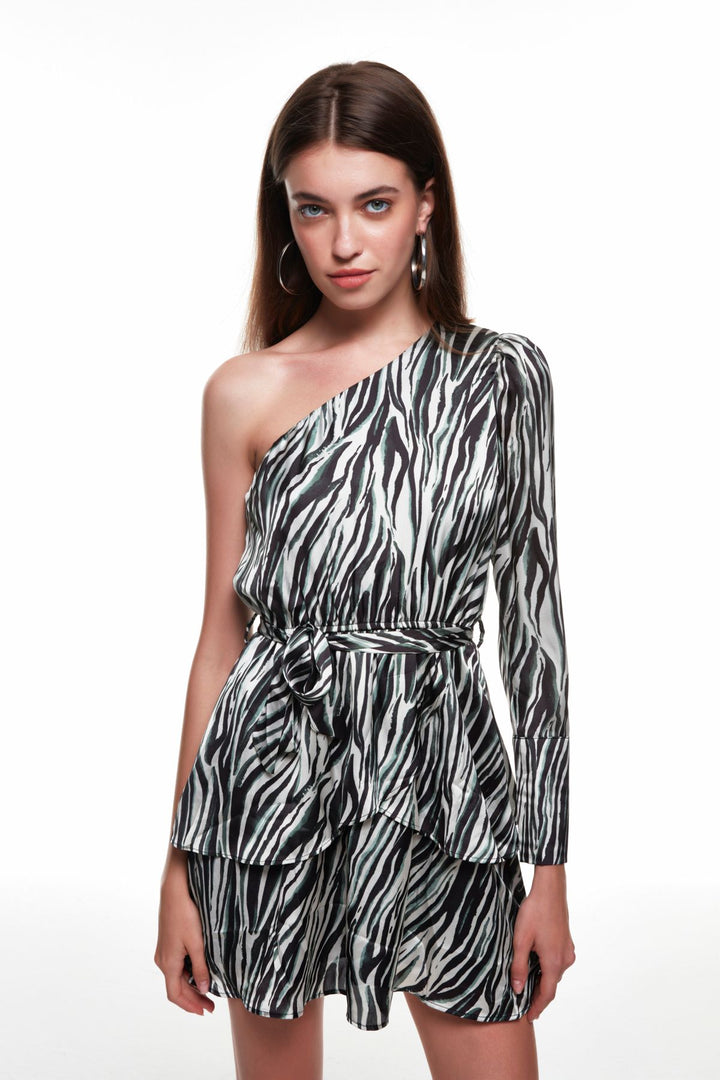 Tie Waist One Shoulder Mini Dress Green