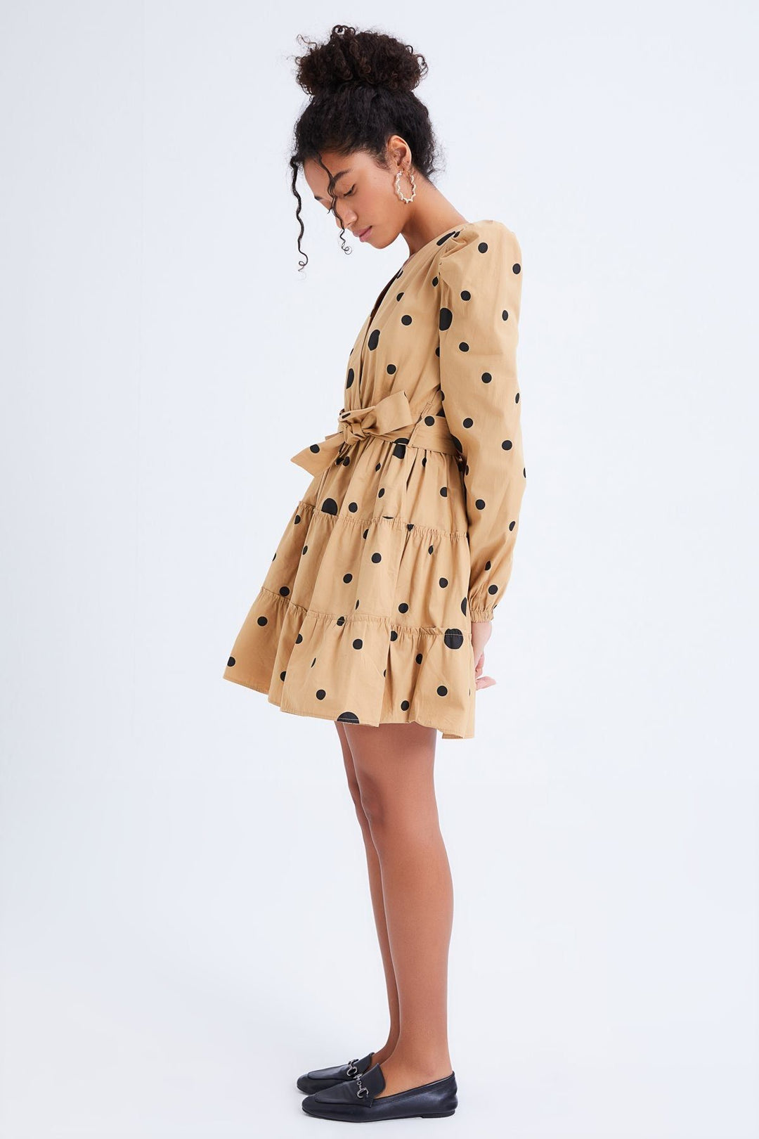 Belted Polka Dot Dress Camel