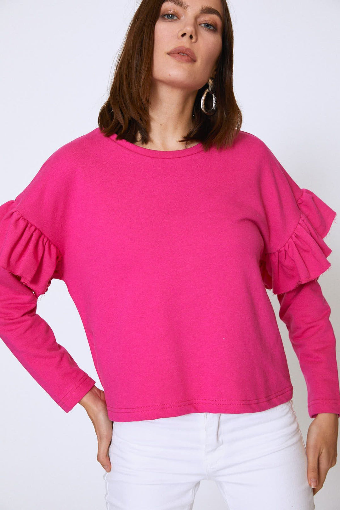 Crew Neck Sleeves Frilly Sweatshirt Fuchsia