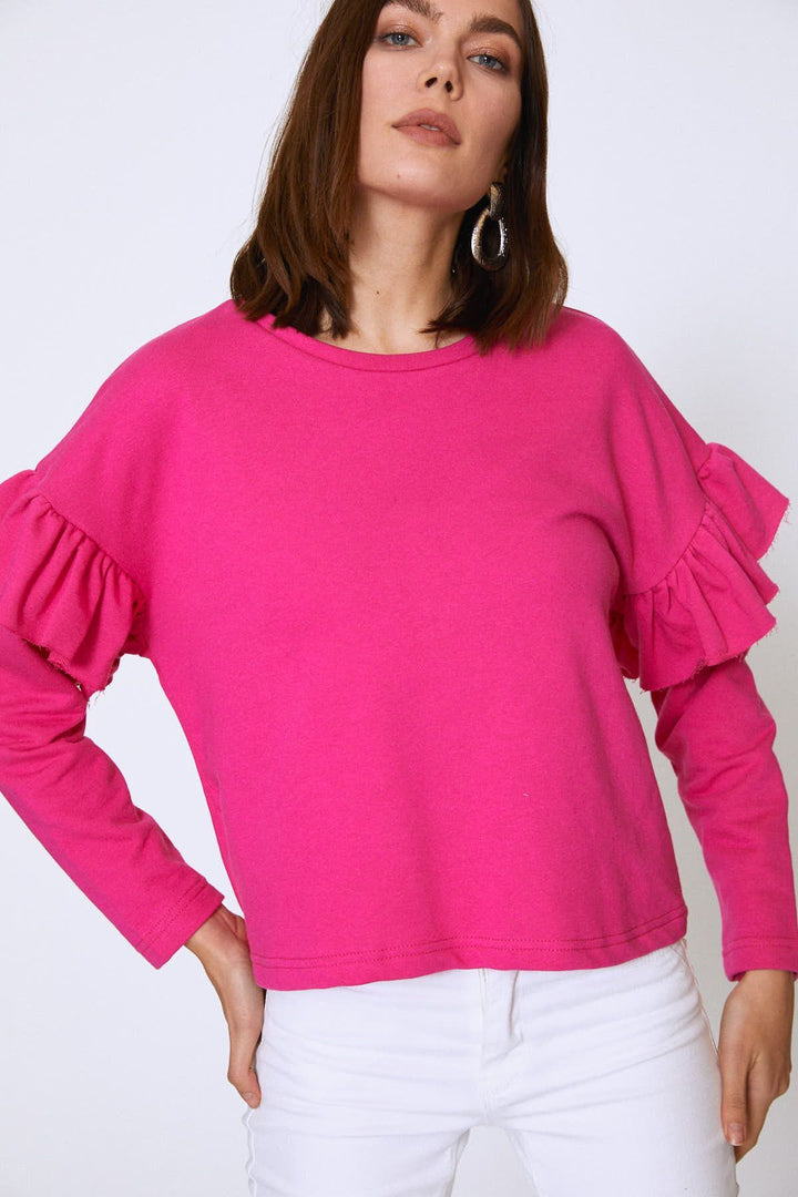 Crew Neck Sleeves Frilly Sweatshirt Fuchsia