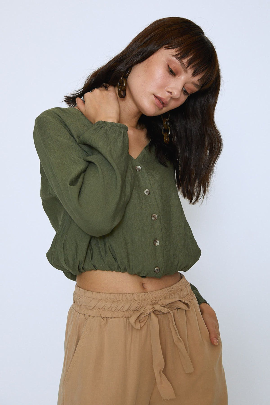 Elastic Waist Belted Casual Trousers Camel