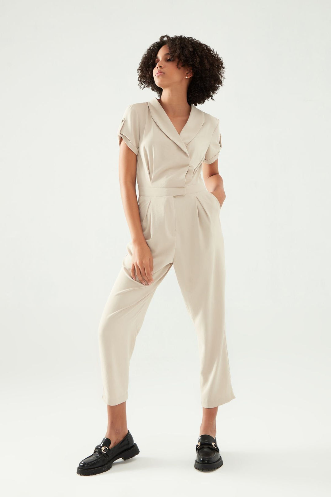 Double Breasted Collar Jumpsuit Stone