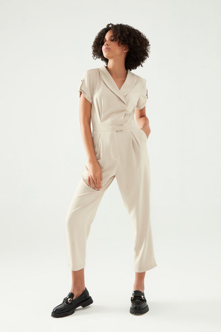 Double Breasted Collar Jumpsuit Stone