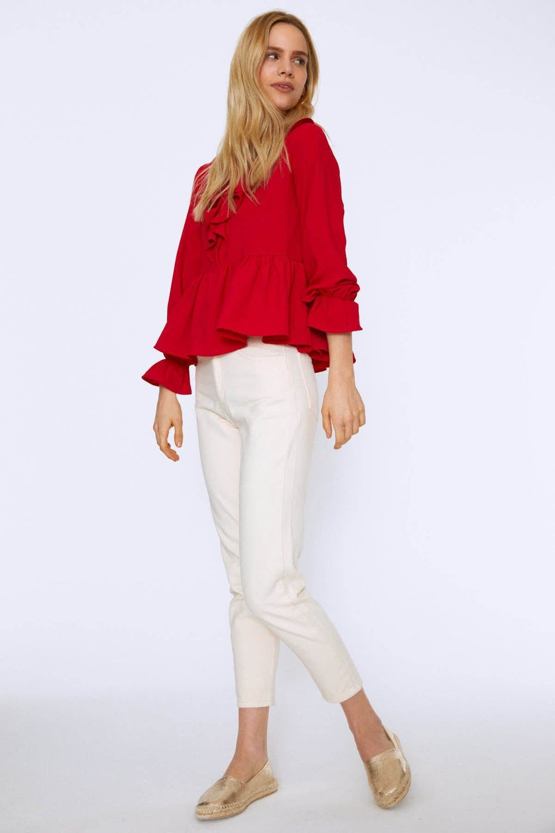 Ruffle Front V Neck Blouse Red