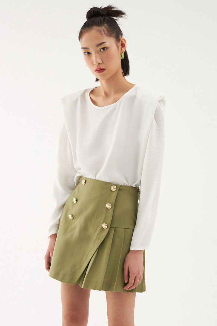 Button Detailed Pleated Short Skirt Khaki