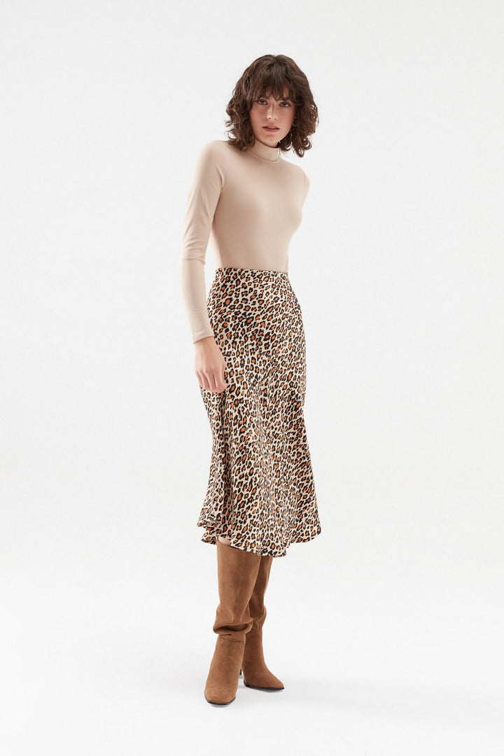Leopard Satin Midi Skirt Beige