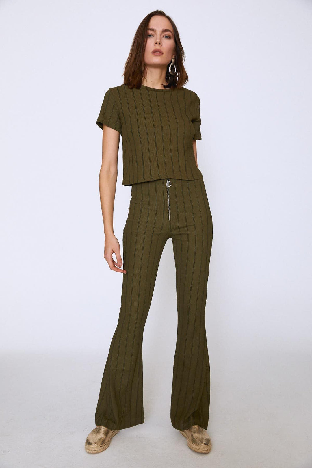 High Waist Spanish Leg Trousers Khaki