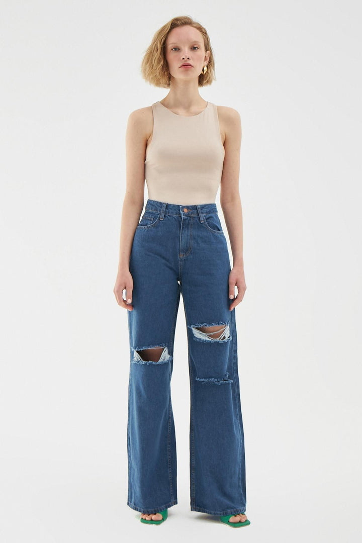 Yırtık Detaylı Bol Paça Kot Pantolon Mavi