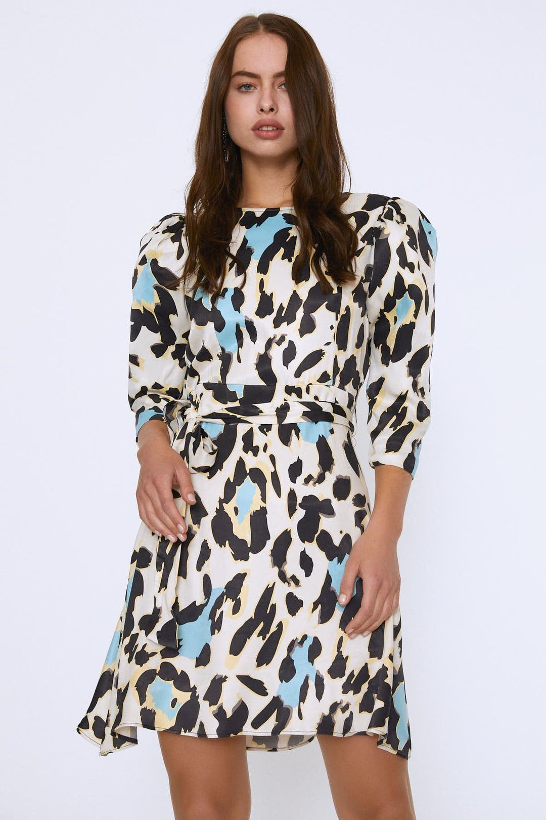 Belted Waist Balloon Sleeve Dress Beige