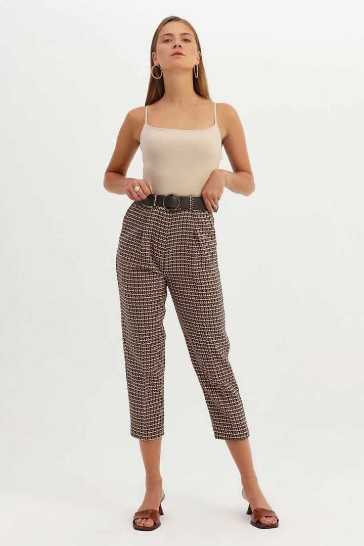 Striped Belted Trousers Brown