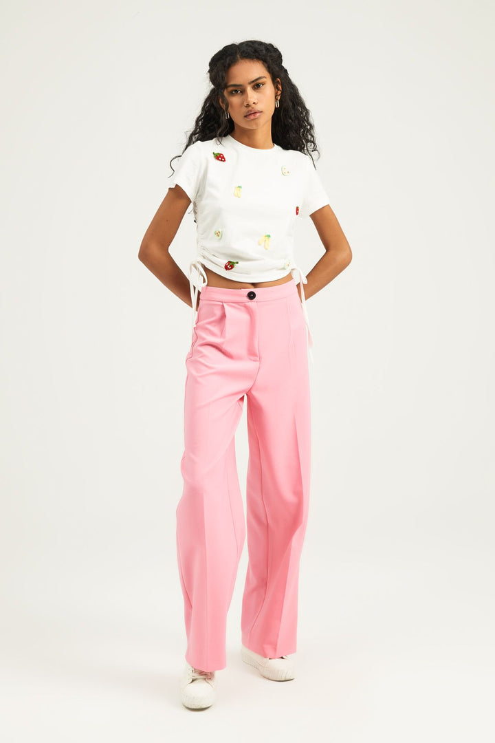 Embroidered Ruffle Detailed T-Shirt White