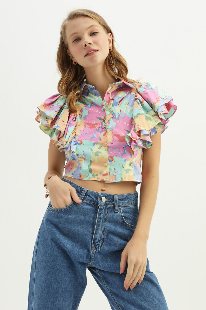 Patterned Frilly Shirt Light Blue