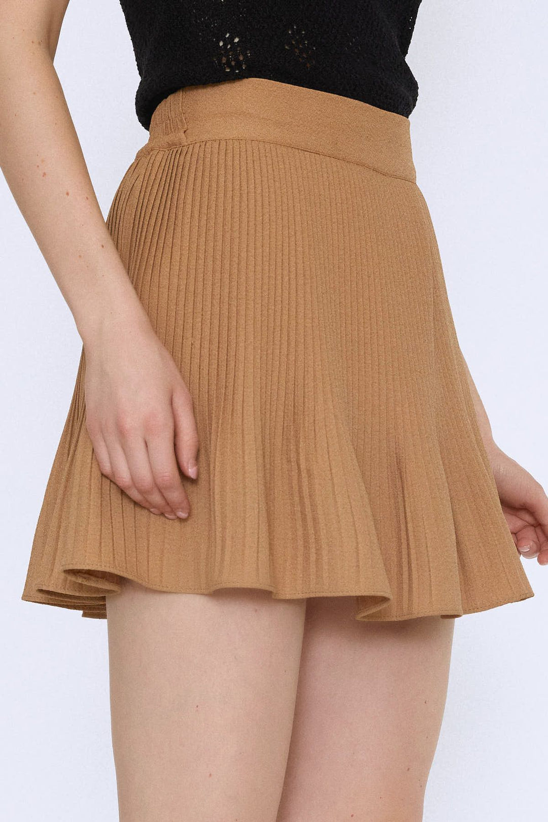 Pleated Mini Skirt Camel With Shorts