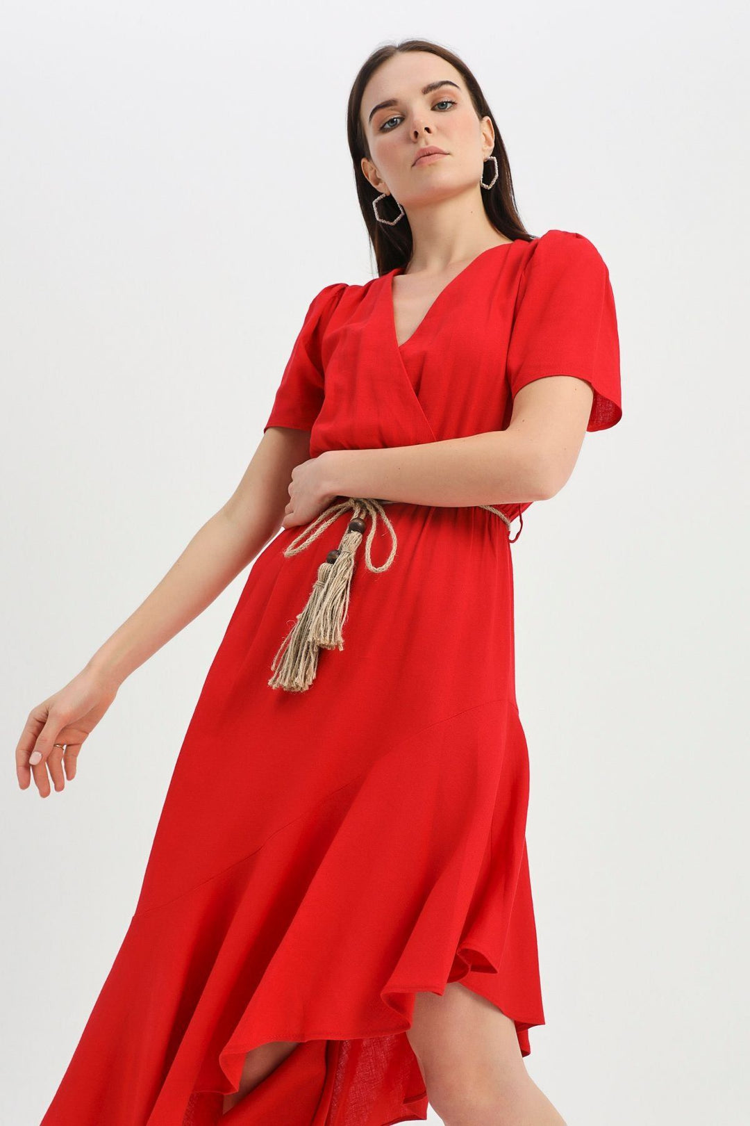 Straw Belt Double Breasted Linen Dress Red
