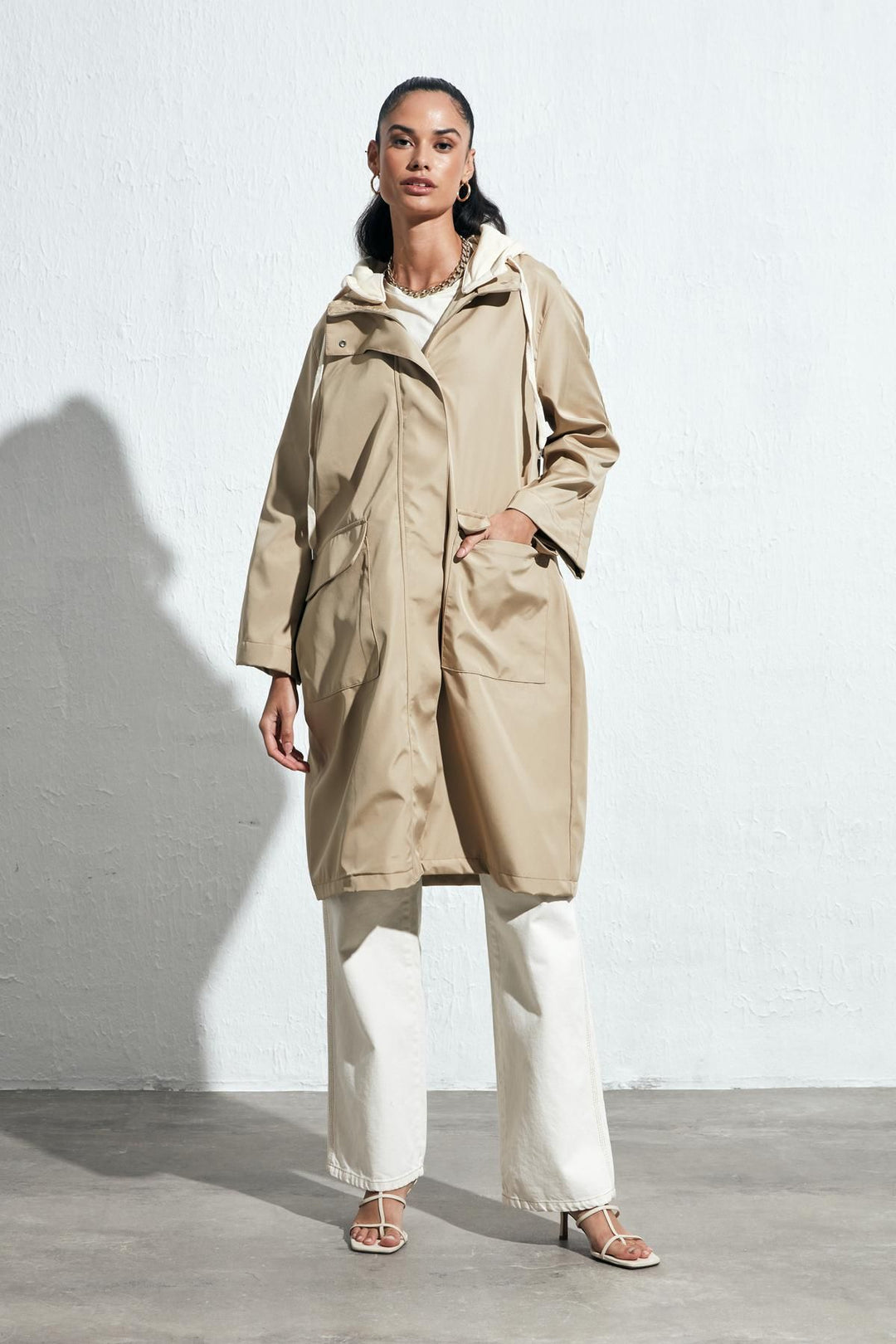 Back Printed Hooded Trench Coat Beige