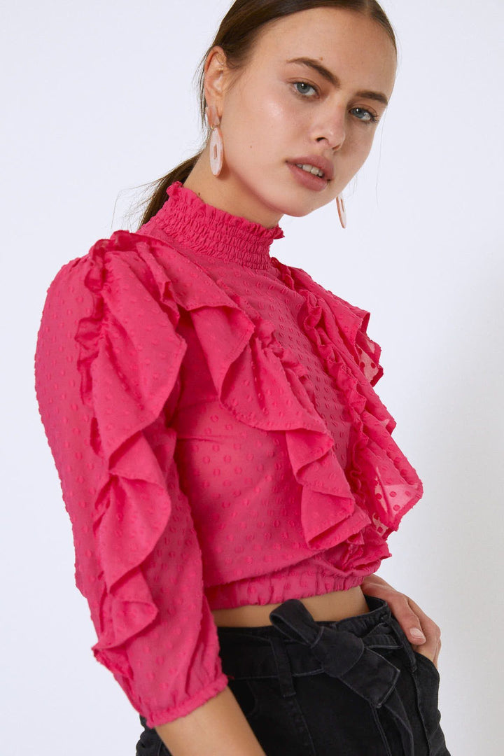 Fırfırlı Beli Lastikli Crop Bluz Fuşya