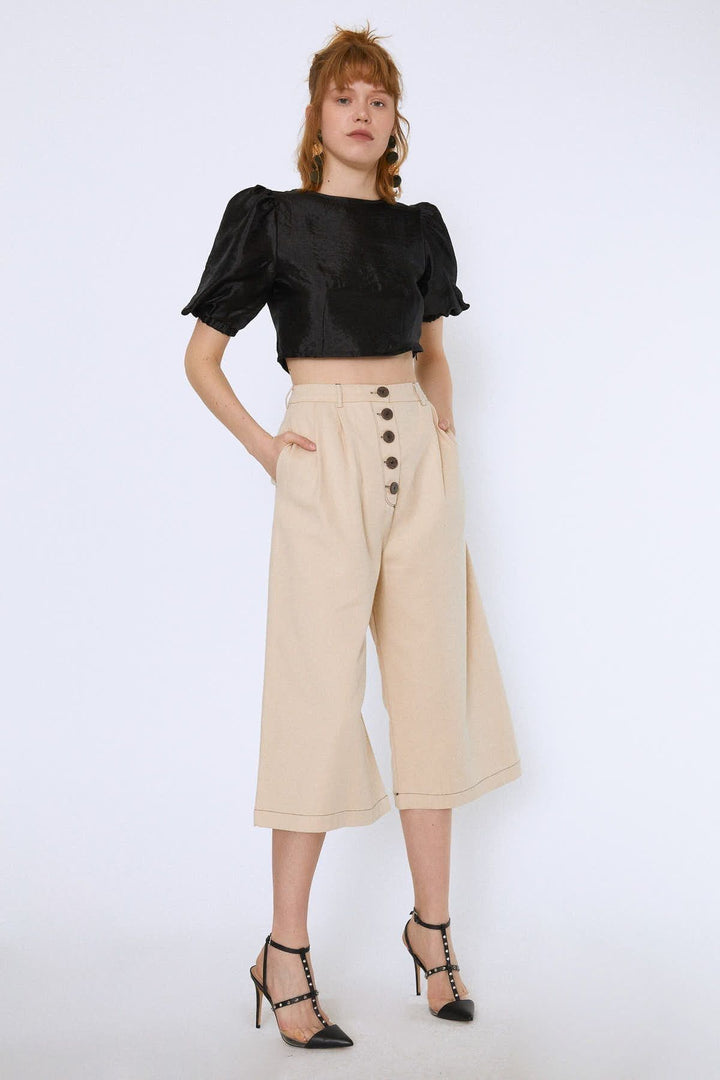High Waist Front Buttoned Loose Trousers Bone