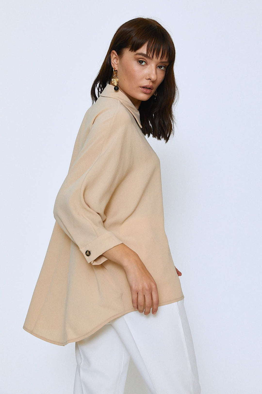 Uzun Oversize Cepli Gömlek Bej