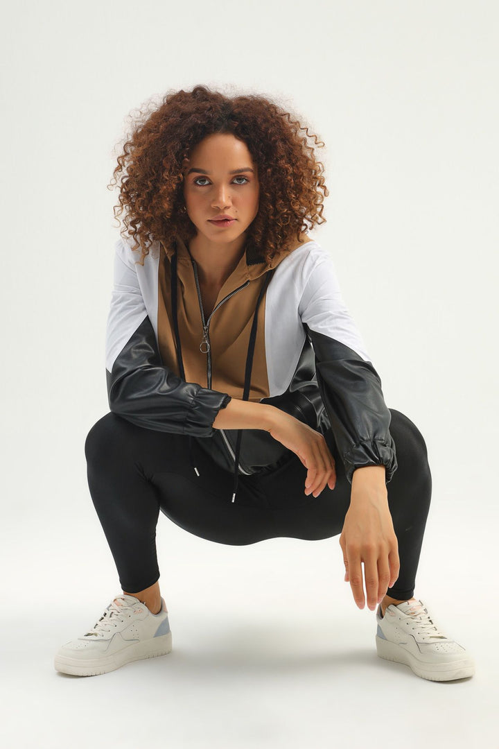 Bloklu Deri Detaylı Bomber Ceket Siyah