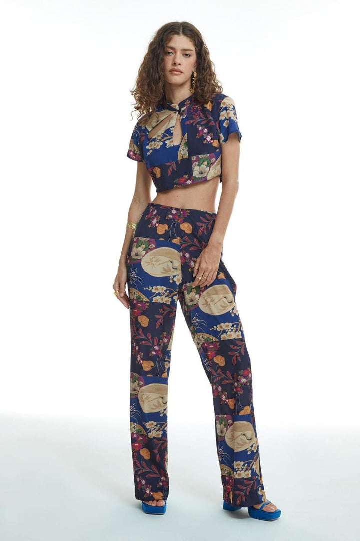 Side Zipper Patterned Trousers Navy