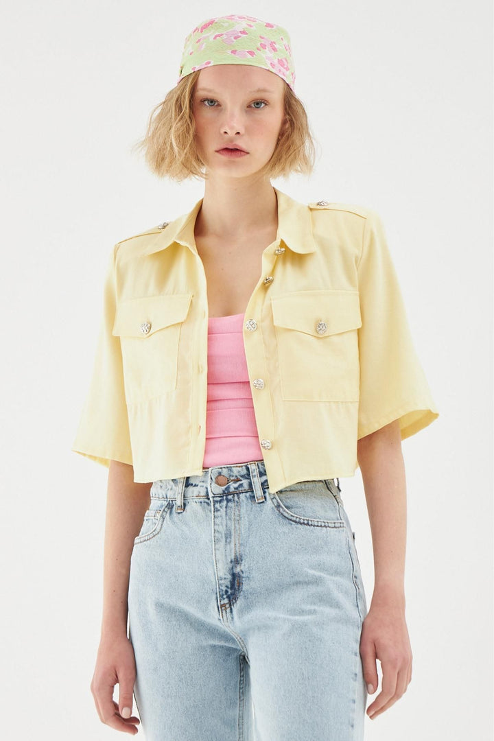 Düğme Detaylı Crop Gömlek Sarı