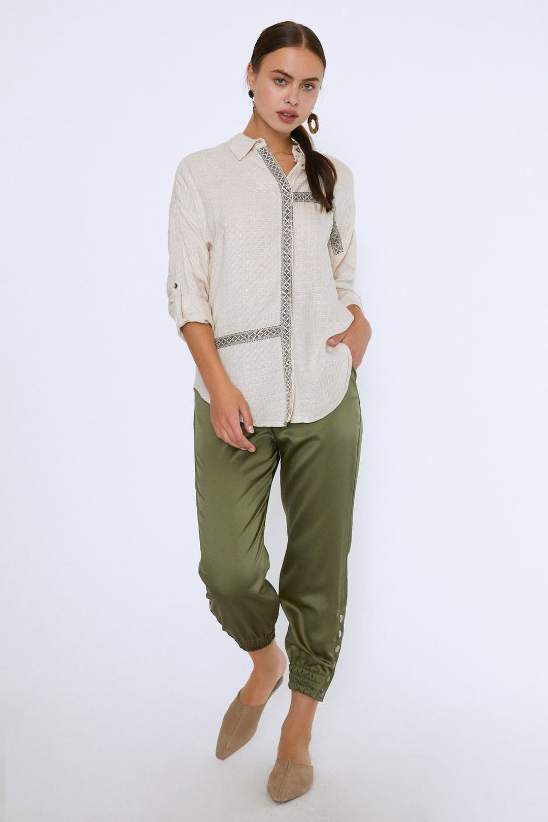 Şerit Detaylı Keten Gömlek Naturel