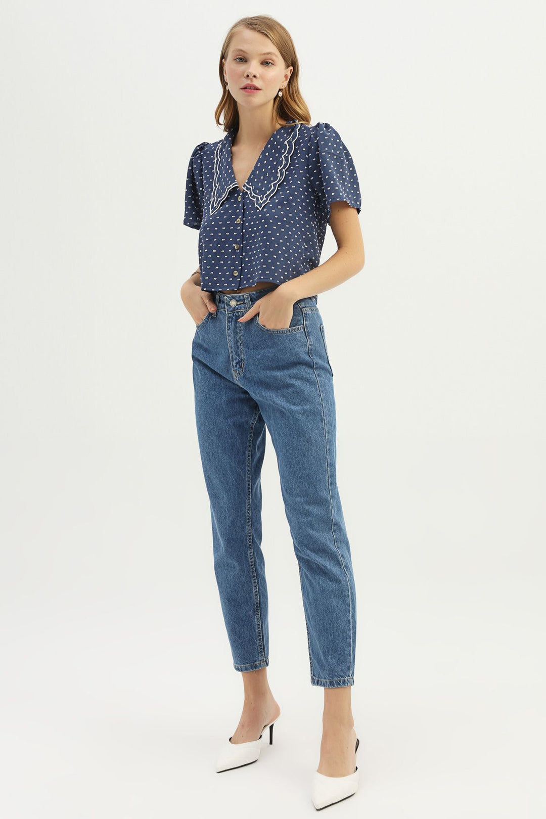 Embroidered Collar V-Neck Shirt Indigo