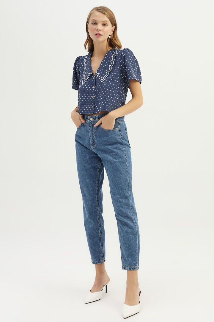 Embroidered Collar V-Neck Shirt Indigo