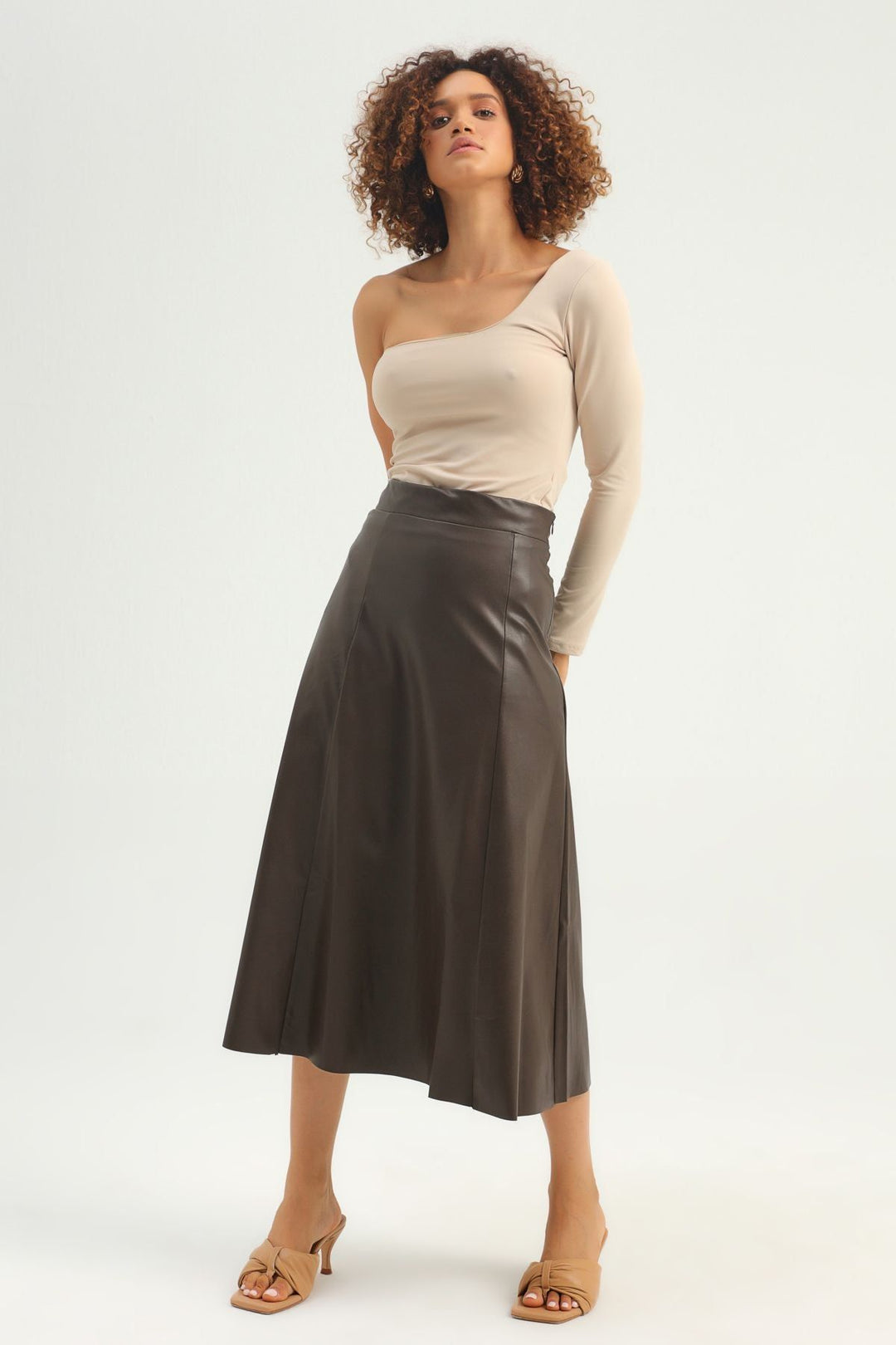 Leather Midi Skirt Brown