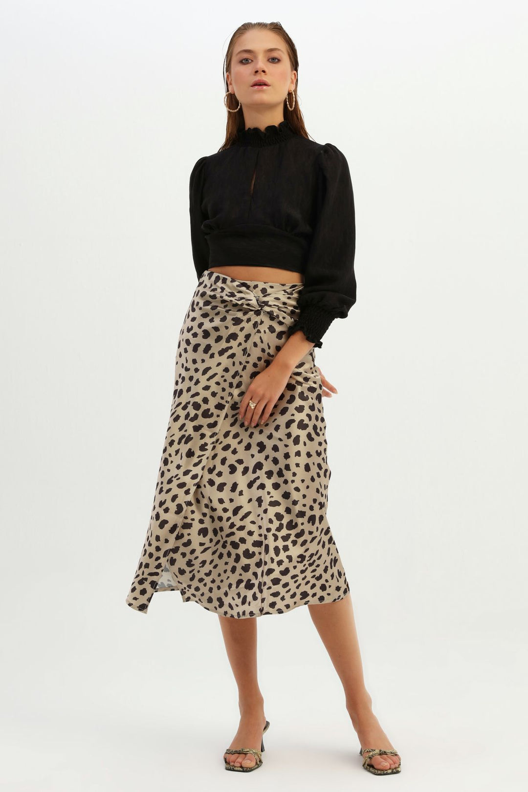 Leopard Patterned Wrap Skirt Beige